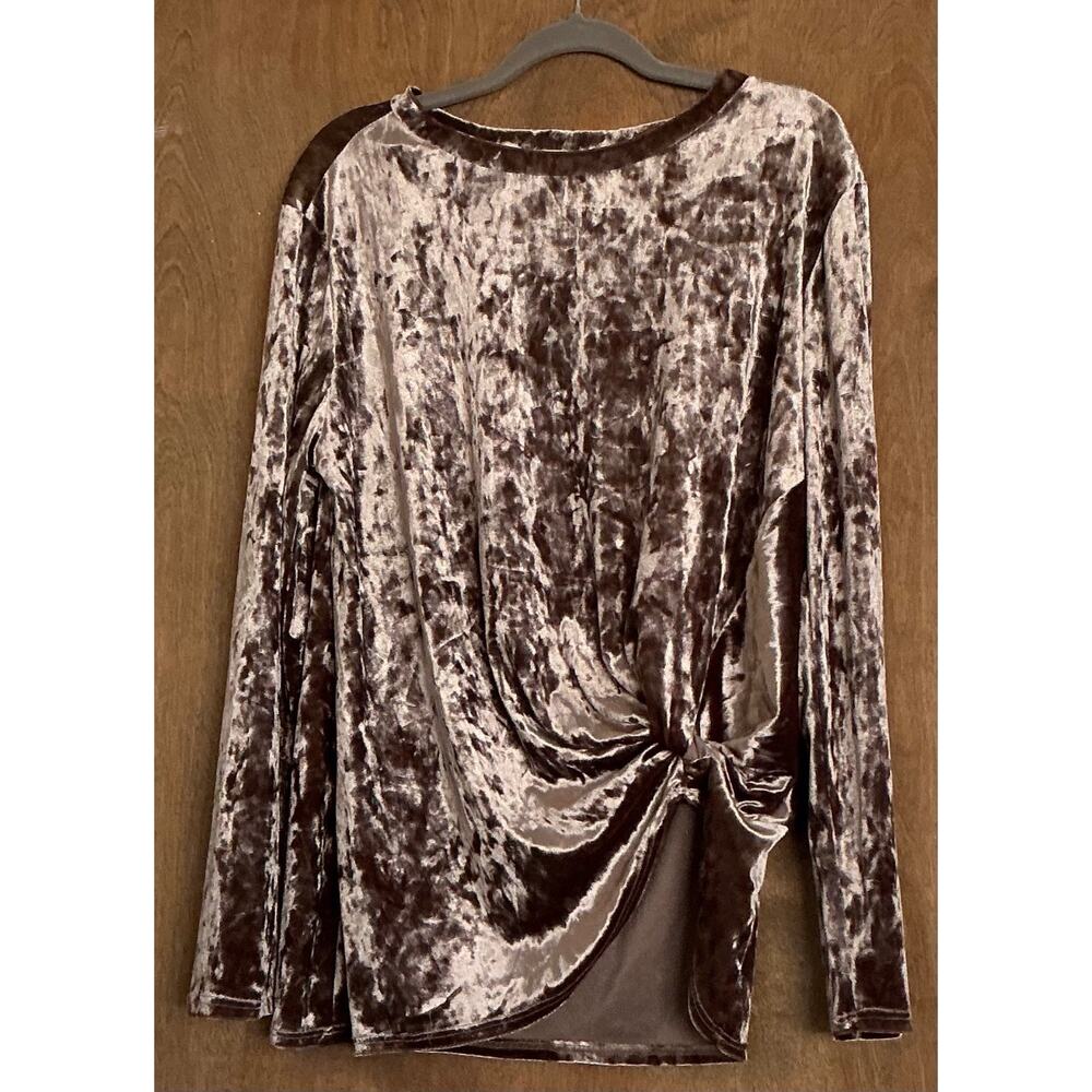Hummingbird Velvet Brown long Sleeve Pull Over Top, Knotted On Left Side Size S